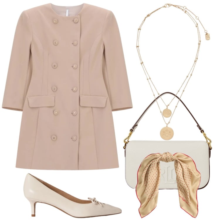 Outfit donna - Mood doppiopetto. Stile Chic per Cerimonia. Abbinamento con ciondoli, borse a spalla, décolleté, foulard, vestiti corti.