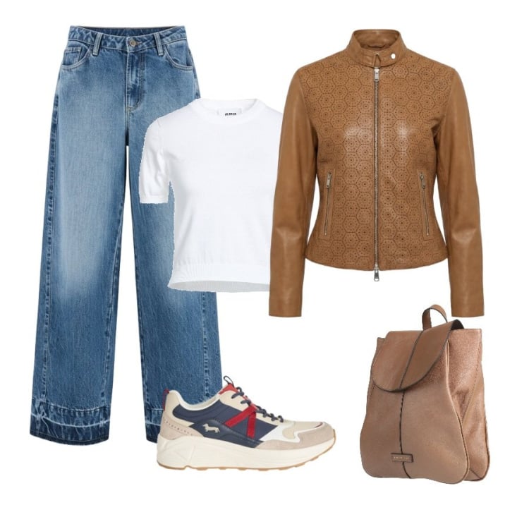 Outfit donna - Look da weekend primaverile. Stile Urban per Tutti i giorni. Abbinamento con zaini, pullovers, sneakers, giacche, jeans dritti.