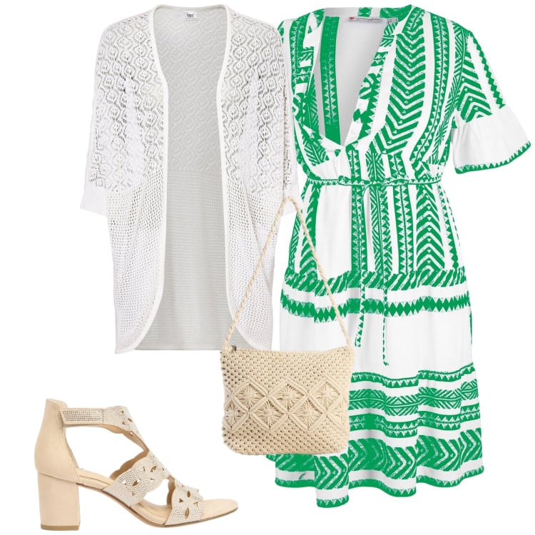 Outfit donna - Total look #2373632. Stile Chic per Tutti i giorni. Abbinamento con vestiti corti, cardigans, sandali col tacco, borse a tracolla.