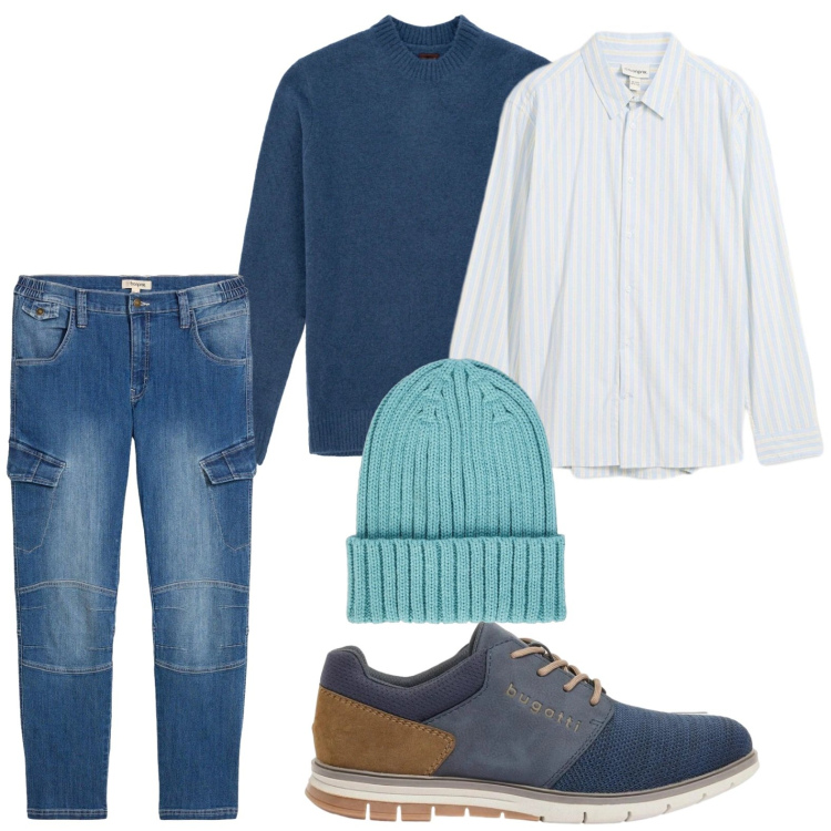 Outfit uomo - Righe. Stile Casual per Tutti i giorni. Abbinamento con camicie, jeans dritti, scarpe stringate, berretti, maglieria.