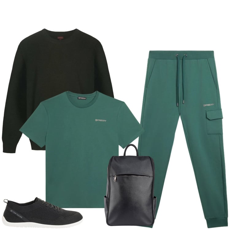 Outfit uomo - Total look #2373641. Stile Urban per Tutti i giorni. Abbinamento con sneakers, pantaloni cargo, t-shirt, borse sportive, maglieria.