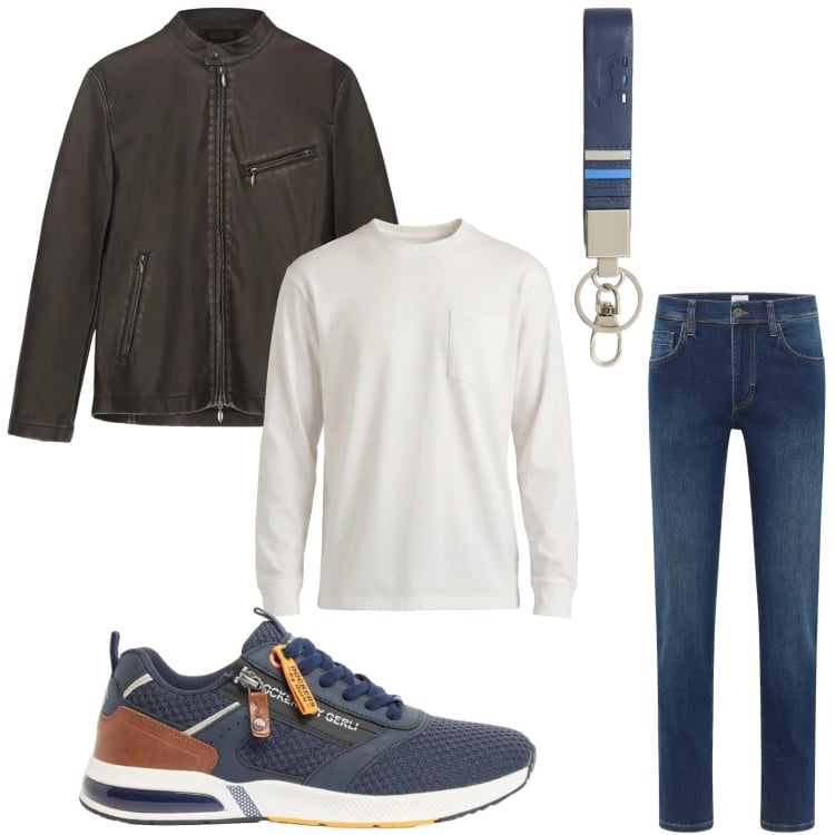 Outfit uomo - All day. Stile Trendy per Tutti i giorni. Abbinamento con jeans dritti, sneakers, portachiavi, t-shirt, giacche.