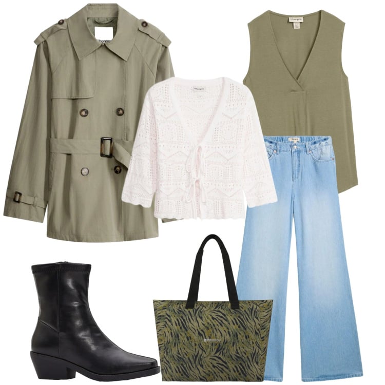 Outfit donna - Total look #2373645. Stile Casual chic per Tutti i giorni. Abbinamento con canottiere, jeans, stivaletti, cardigans, trench, shopping bag.