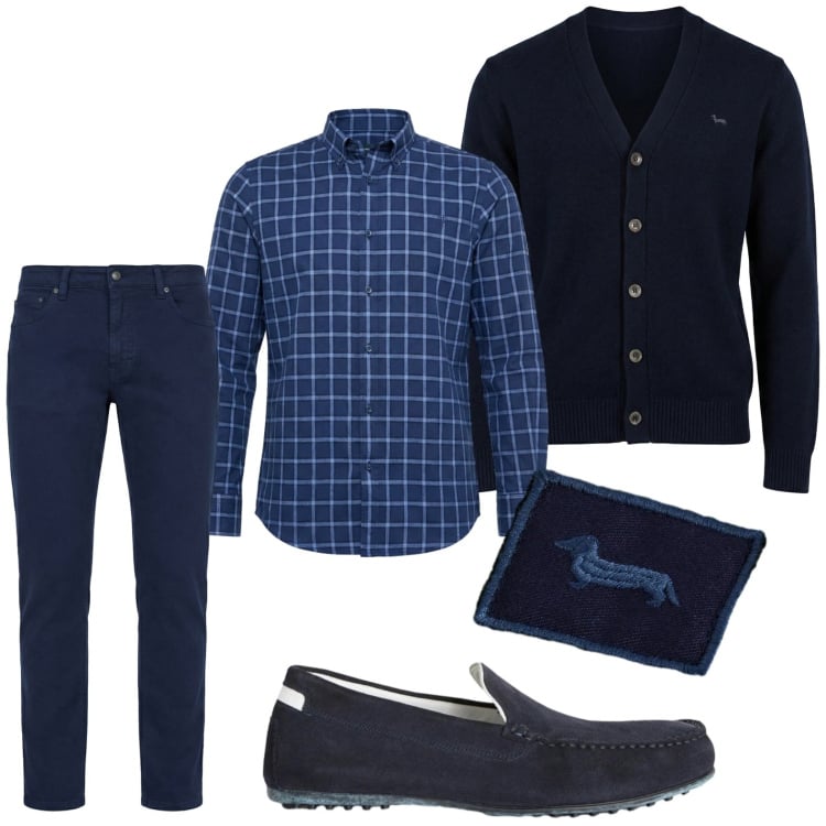 Outfit uomo - Eterno blu. Stile Casual per Tutti i giorni. Abbinamento con scarpe stringate, pantaloni, sciarpe, cardigans, camicie.