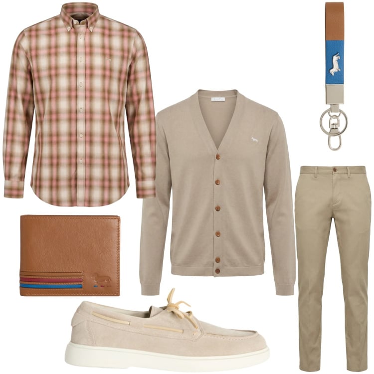 Outfit uomo - Quadri. Stile Casual per Tutti i giorni. Abbinamento con portachiavi, scarpe stringate, portafogli, cardigans, pantaloni chino, camicie.