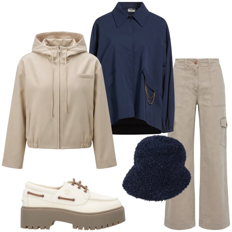 Outfit donna - Tra marzo e aprile. Stile Urban per Tutti i giorni. Abbinamento con cappelli, mocassini, camicie, cappotti, pantaloni cargo.