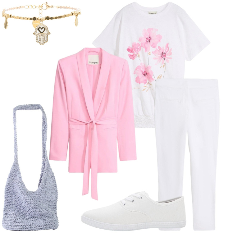 Outfit donna - Total look #2373651. Stile Casual per Tutti i giorni. Abbinamento con t-shirt, sneakers, blazer, pantaloni, shopping bag, braccialetti.