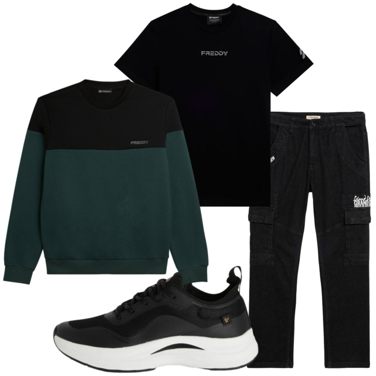 Outfit uomo - Rilassato. Stile Casual per Tutti i giorni. Abbinamento con pantaloni cargo, sneakers, felpe, t-shirt.