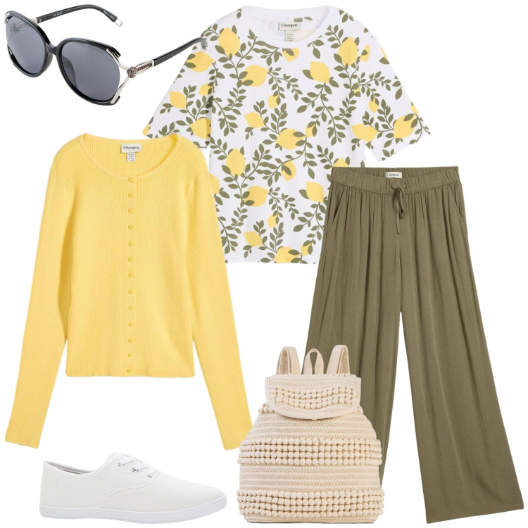 Outfit donna - Total look #2373654. Stile Casual per Tutti i giorni. Abbinamento con t-shirt, pantaloni, sneakers, cardigans, zaini, occhiali da sole.