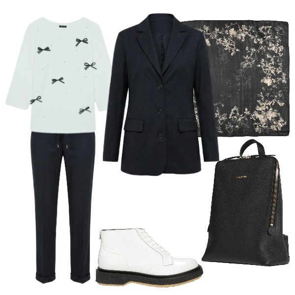 Outfit donna - fiocchi e strass. Stile Sporty chic per Serata fuori. Abbinamento con stivaletti, zaini, sciarpe, t-shirt, pantaloni, blazer.