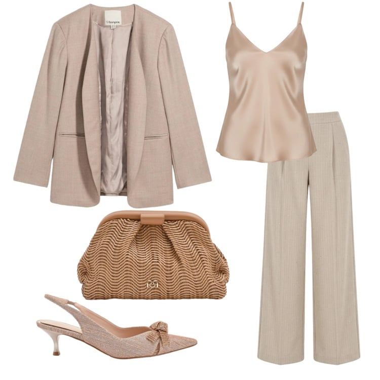 Outfit donna - Femminile ma decisa. Stile Romantica per Cerimonia. Abbinamento con blazer, décolleté, pochette, pantaloni a palazzo, canottiere.