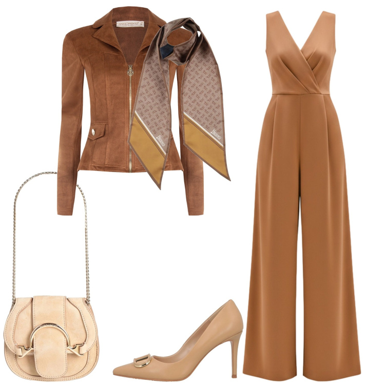 Outfit donna - Serata fuori in primavera. Stile Casual chic per Serata fuori. Abbinamento con marsupi, sciarpe, décolleté, tute, giacche.