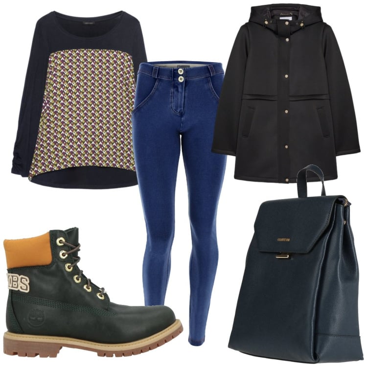 Outfit donna - Total look #2373692. Stile Casual per Tutti i giorni. Abbinamento con stivaletti, zaini, blazer, t-shirt, jeggings.