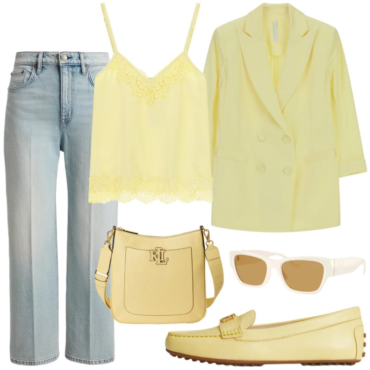 Outfit donna - Giallo limone e denim. Stile Casual chic per Tutti i giorni. Abbinamento con blazer, top, mocassini, borse a tracolla, jeans dritti, occhiali da sole.
