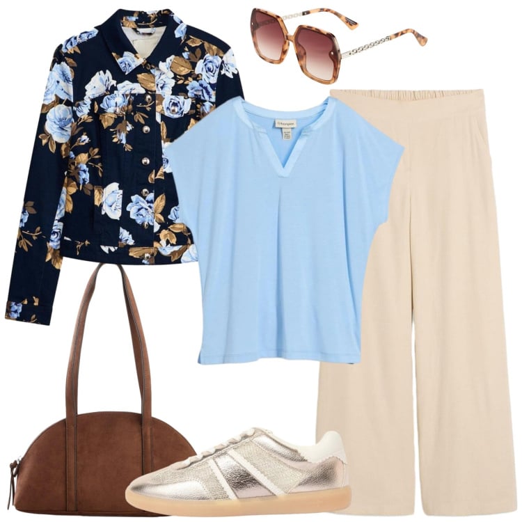 Outfit donna - Pomeriggio al parco. Stile Casual per Tutti i giorni. Abbinamento con bluse, pantaloni a palazzo, borse a tracolla, occhiali da sole, blazer, sneakers.
