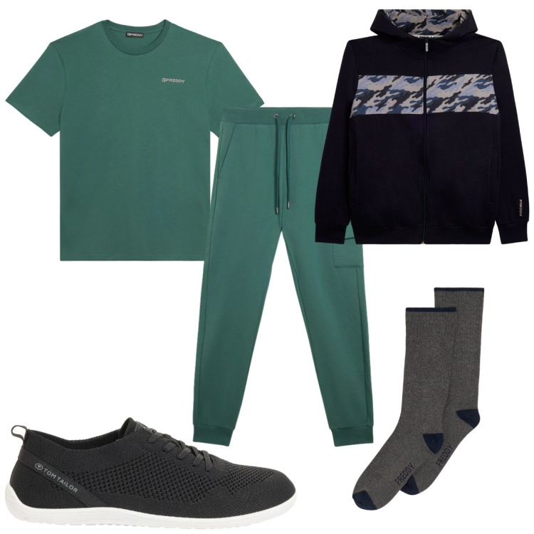 Outfit uomo - Total look #2373697. Stile Trendy per Sport. Abbinamento con sneakers, pantaloni cargo, calzini, t-shirt, felpe con cappuccio.