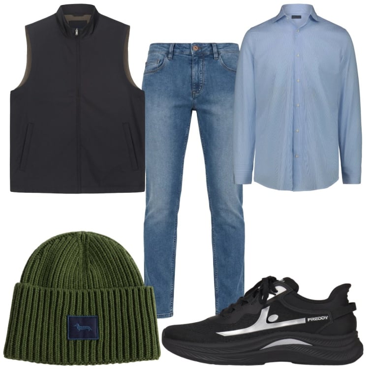 Outfit uomo - Total look #2373699. Stile Casual per Tutti i giorni. Abbinamento con jeans, berretti, sneakers, camicie, piumini.