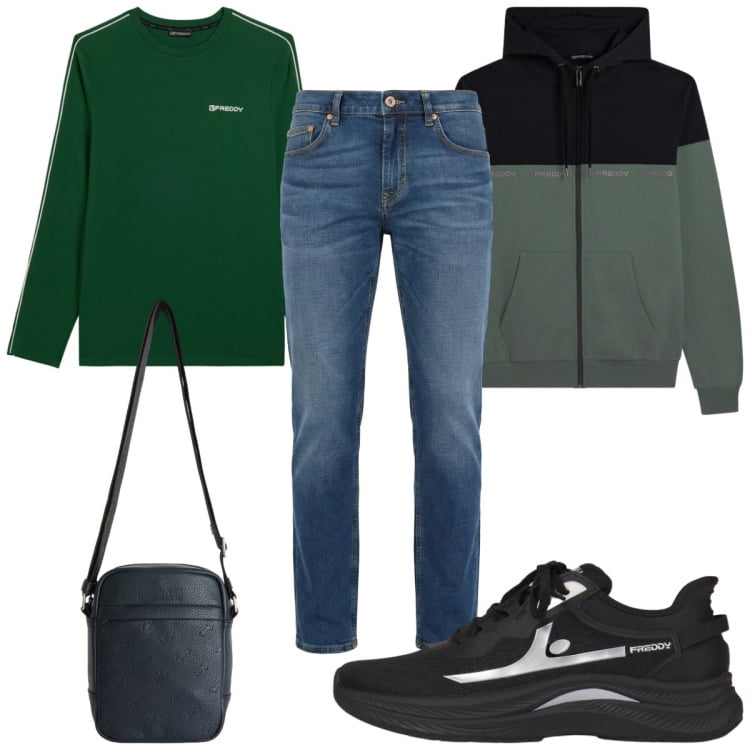 Outfit uomo - Total look #2373700. Stile Casual per Tutti i giorni. Abbinamento con borse sportive, jeans, felpe con cappuccio, t-shirt, sneakers.