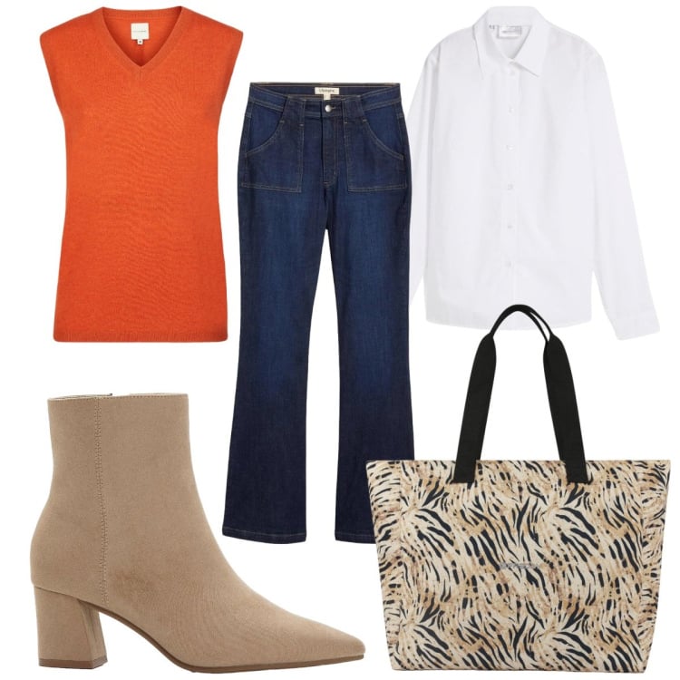 Outfit donna - Total look #2373701. Stile 70s per Tutti i giorni. Abbinamento con camicie, stivaletti, jeans a zampa, shopping bag, maglieria.