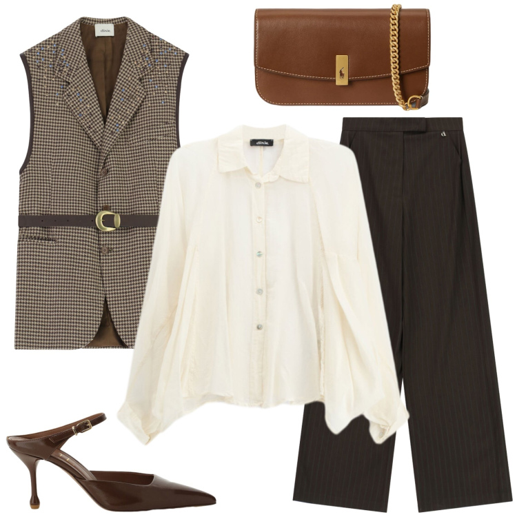 Outfit donna - Eleganza senza tempo. Stile Chic per Ufficio. Abbinamento con camicie, pantaloni a palazzo, décolleté, gilet, clutch.