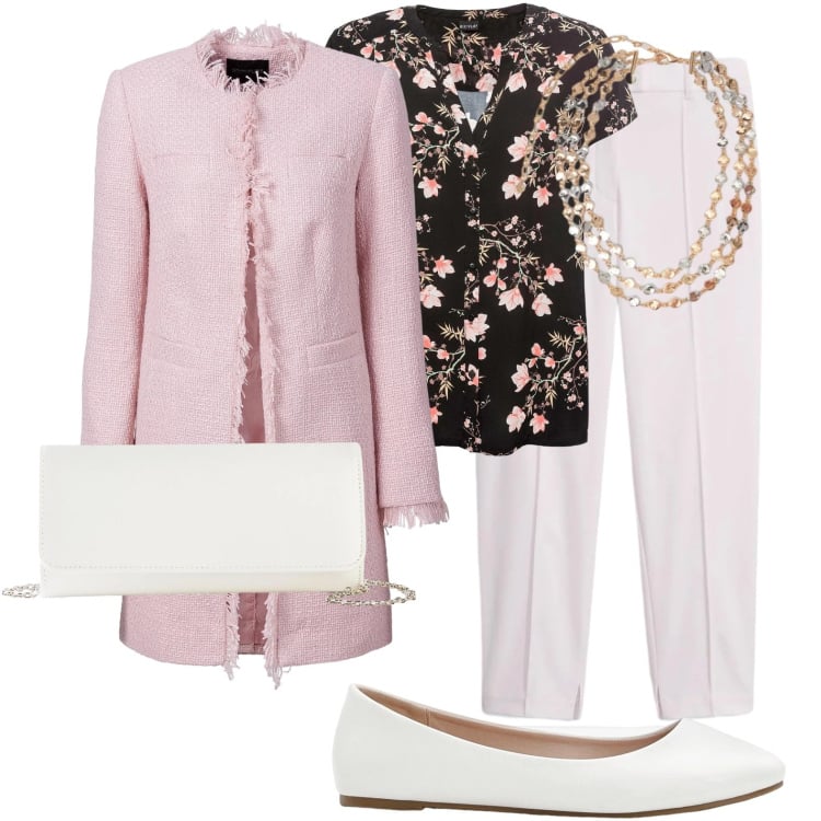 Outfit donna - Blusa primavera. Stile Bon Ton per Ufficio. Abbinamento con camicie a manica corta, ballerine, pochette, blazer, pantaloni, collane.