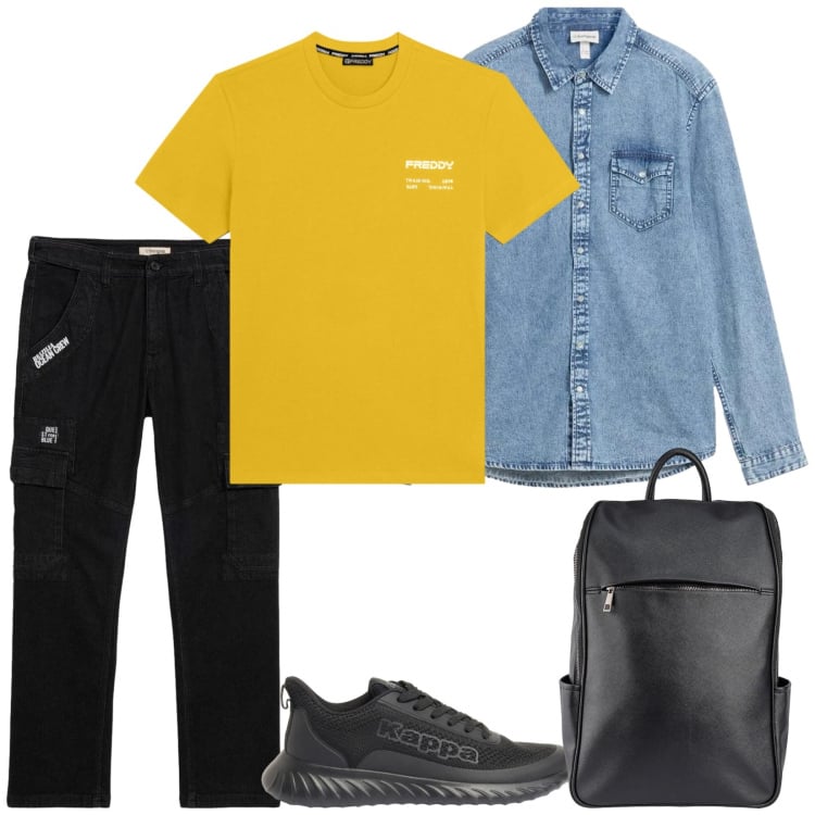 Outfit uomo - Sbarazzino. Stile Casual per Tutti i giorni. Abbinamento con camicie, pantaloni cargo, sneakers, t-shirt, borse sportive.