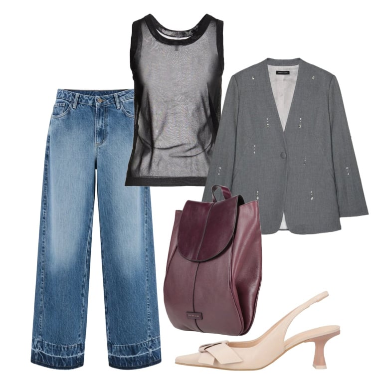 Outfit donna - Primavera. Stile Casual chic per Ufficio. Abbinamento con décolleté, zaini, top, blazer, jeans dritti.