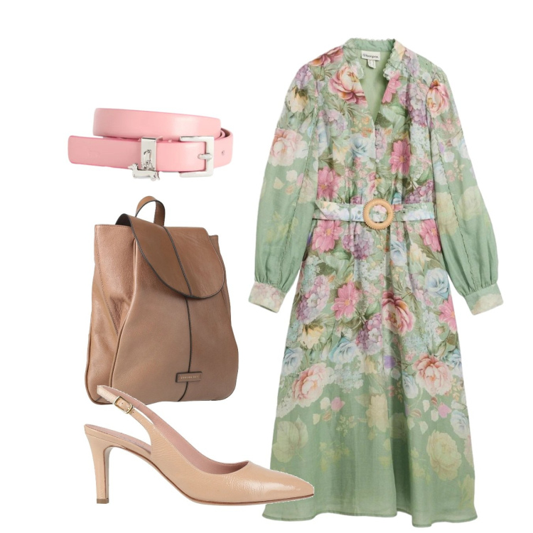 Outfit donna - Flora. Stile Chic per Tutti i giorni. Abbinamento con zaini, décolleté, vestiti midi/longuette, cinture.