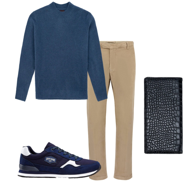 Outfit uomo - Blu. Stile Casual per Tutti i giorni. Abbinamento con sneakers, pantaloni, maglieria, portafogli.