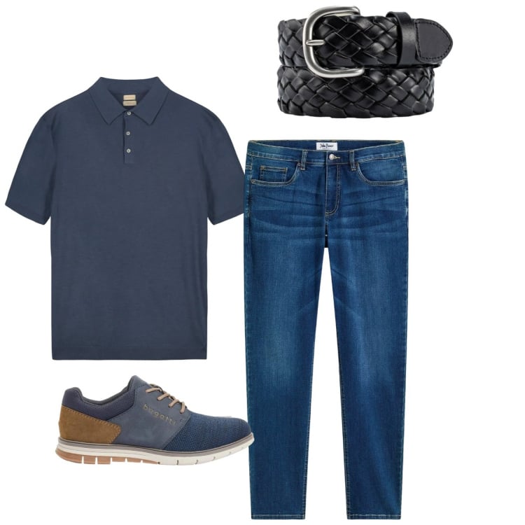 Outfit uomo - Sporty. Stile Casual per Tutti i giorni. Abbinamento con jeans, scarpe stringate, polo, cinture.