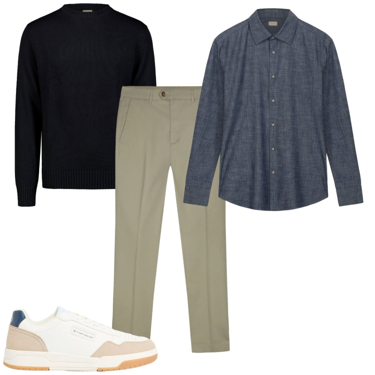 Outfit uomo - Mezza stagione. Stile Casual per Tutti i giorni. Abbinamento con sneakers, camicie, maglieria, pantaloni.