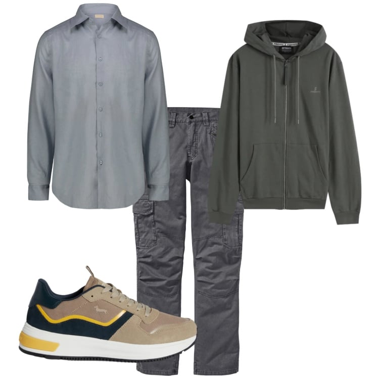 Outfit uomo - Total look #2373747. Stile Casual per Tutti i giorni. Abbinamento con pantaloni cargo, sneakers, felpe con cappuccio, camicie.