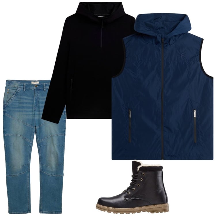 Outfit uomo - Marzo. Stile Casual per Tutti i giorni. Abbinamento con stivali e stivaletti, jeans dritti, felpe con cappuccio, piumini.