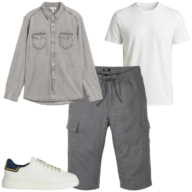 Outfit uomo - Grey. Stile Casual per Tutti i giorni. Abbinamento con bermuda, camicie, sneakers, t-shirt.