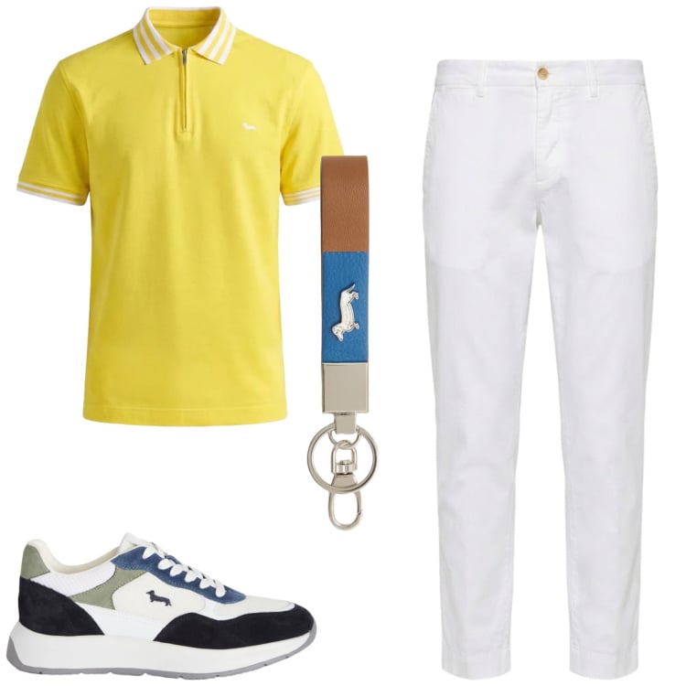 Outfit uomo - Spring. Stile Urban per Tutti i giorni. Abbinamento con portachiavi, sneakers, pantaloni chino, polo.