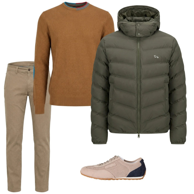 Outfit uomo - Marzo. Stile Casual per Tutti i giorni. Abbinamento con sneakers, piumini, pantaloni, maglieria.