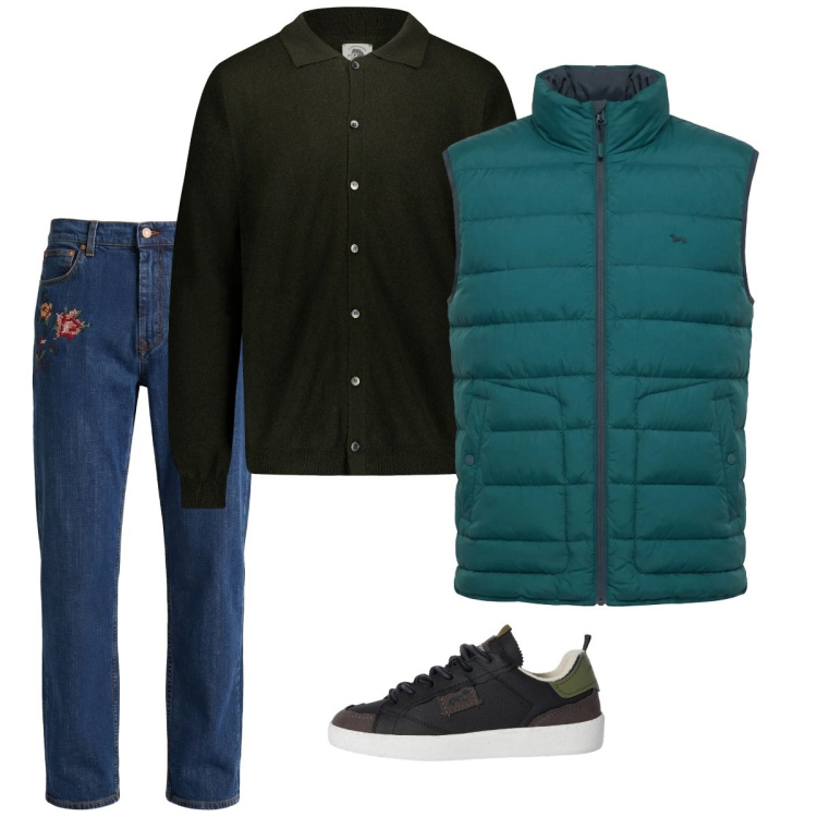 Outfit uomo - Marzo. Stile Casual per Tutti i giorni. Abbinamento con sneakers, jeans, piumini, polo.