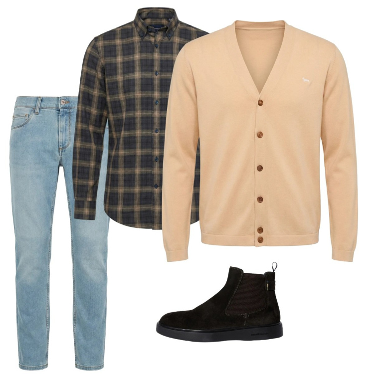 Outfit uomo - Marzo. Stile Casual per Tutti i giorni. Abbinamento con jeans slim fit, cardigans, stivali e stivaletti, camicie.