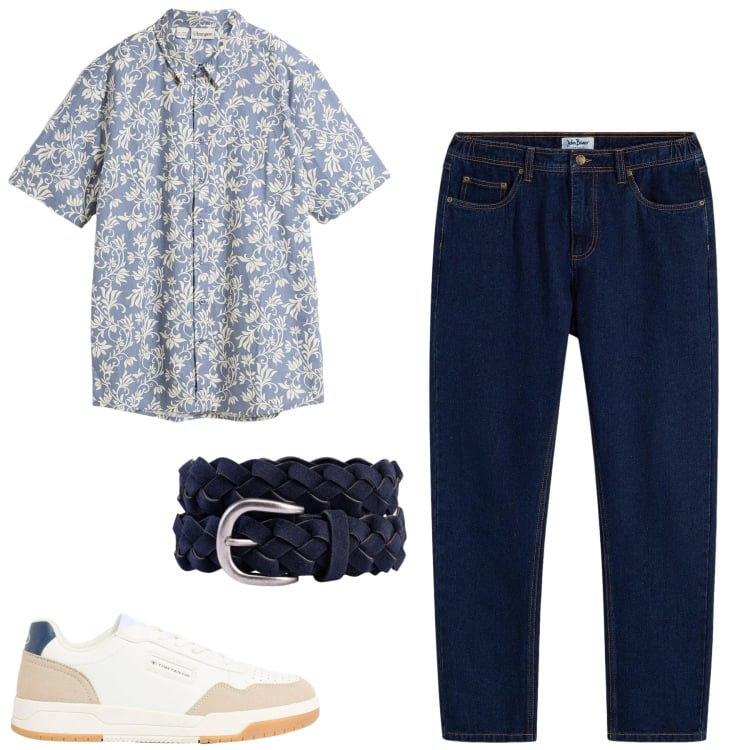 Outfit uomo - Aprile. Stile Casual per Tutti i giorni. Abbinamento con jeans dritti, camicie a manica corta, sneakers, cinture.
