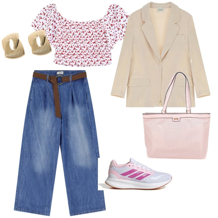 Outfit donna - Spring in sale. per Tutti i giorni. Abbinamento con bluse, jeans, blazer, orecchini, sneakers, borse a spalla.