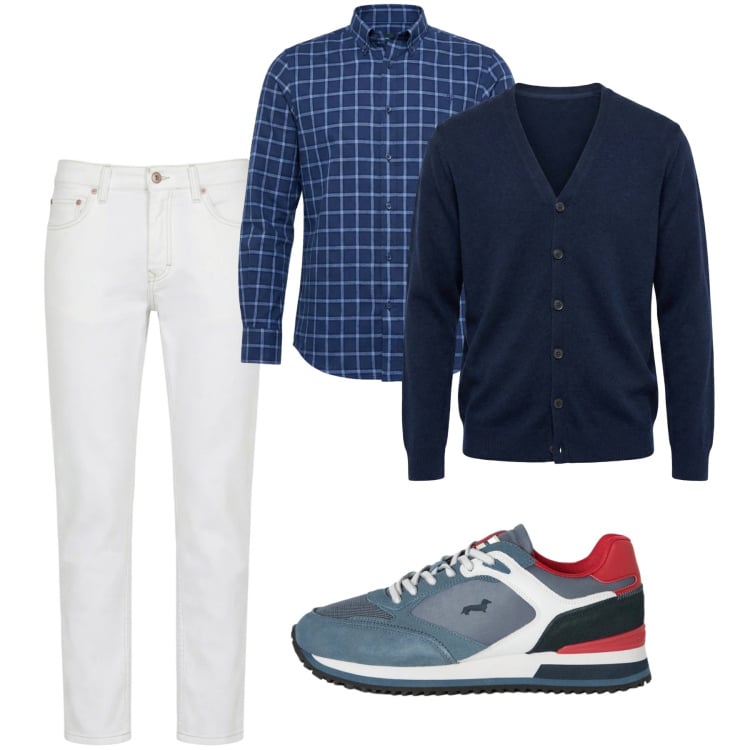 Outfit uomo - Marzo. Stile Casual per Tutti i giorni. Abbinamento con sneakers, jeans, cardigans, camicie.
