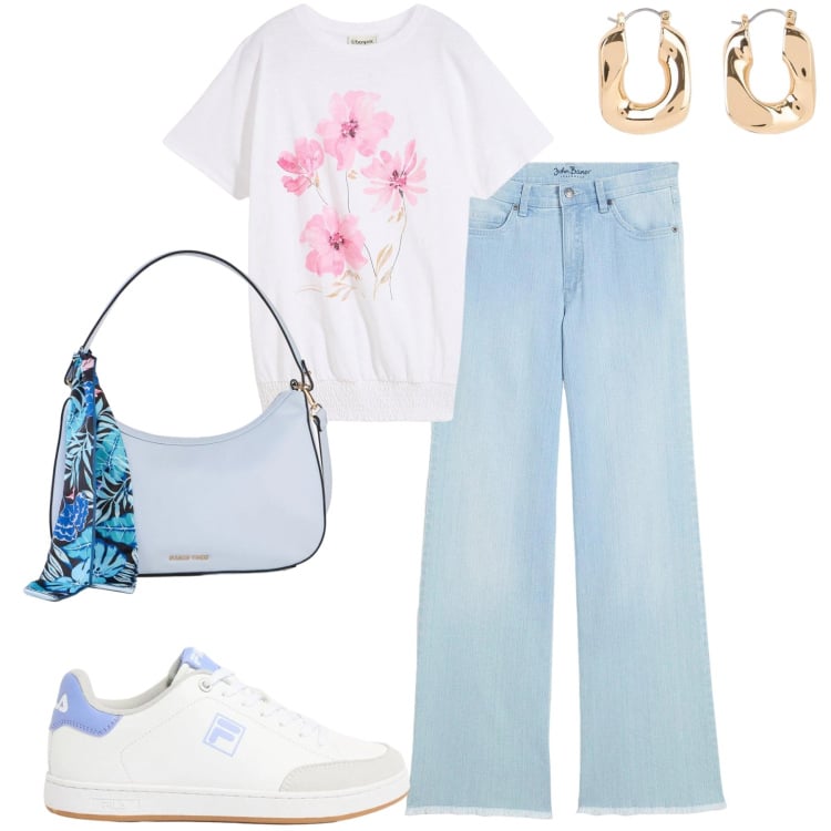 Outfit donna - T-shirt e jeans. Stile Casual chic per Tutti i giorni. Abbinamento con jeans, t-shirt, orecchini, borse a mano, sneakers.