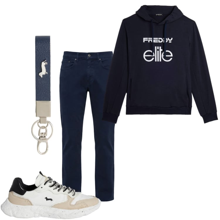 Outfit uomo - Total look #2373808. Stile Casual per Tutti i giorni. Abbinamento con portachiavi, sneakers, pantaloni, felpe con cappuccio.