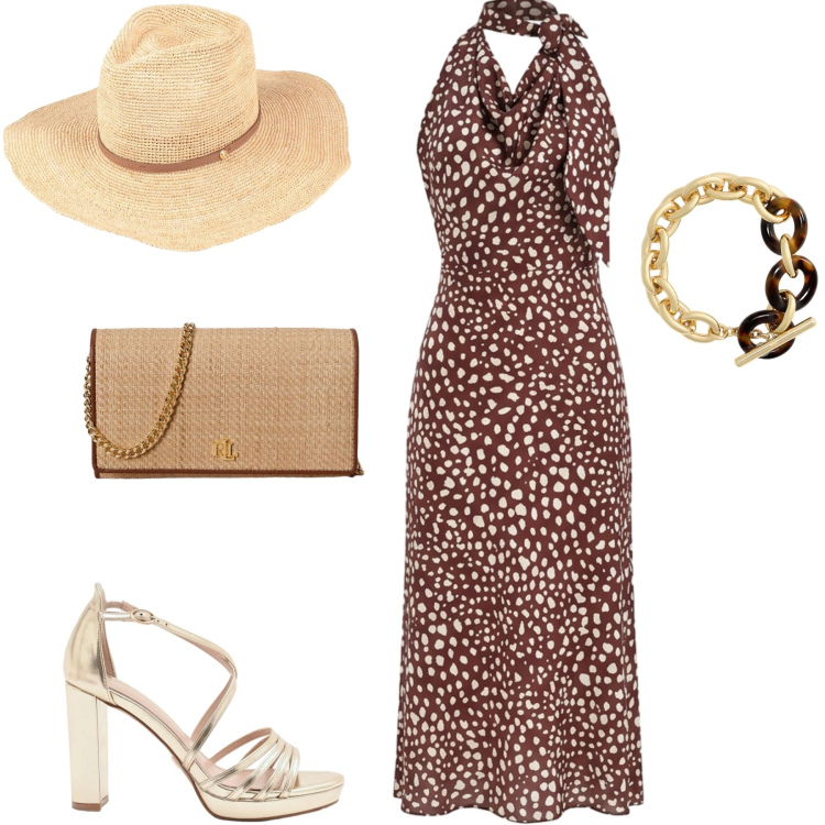 Outfit donna - Aprile. Stile Chic per Cerimonia. Abbinamento con cappelli, vestiti midi/longuette, sandali col tacco, borse a tracolla, braccialetti.