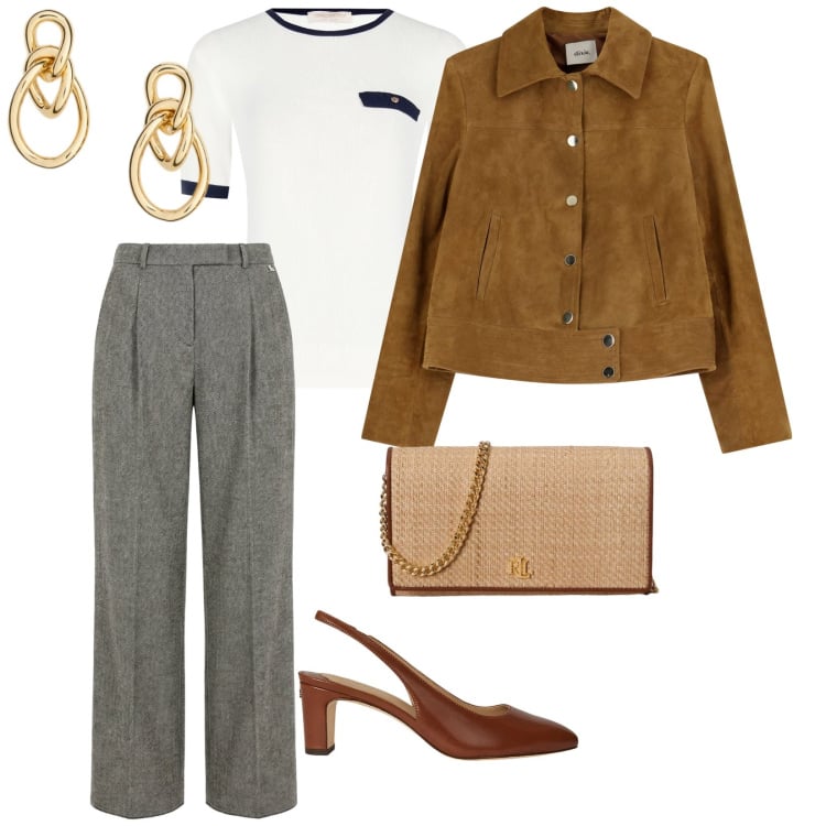 Outfit donna - Spring in sale. per Ufficio. Abbinamento con pantaloni, t-shirt, giacche, décolleté, orecchini, borse a tracolla.