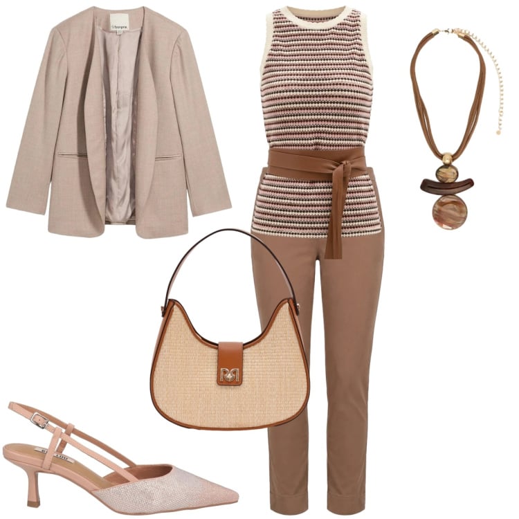 Outfit donna - Aprile. Stile Urban per Tutti i giorni. Abbinamento con décolleté, blazer, borse a spalla, canottiere, ciondoli, pantaloni.