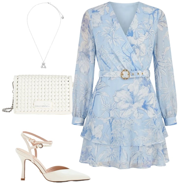 Outfit donna - Cerimonia di aprile. Stile Chic per Cerimonia. Abbinamento con décolleté, vestiti corti, borse a tracolla, ciondoli.