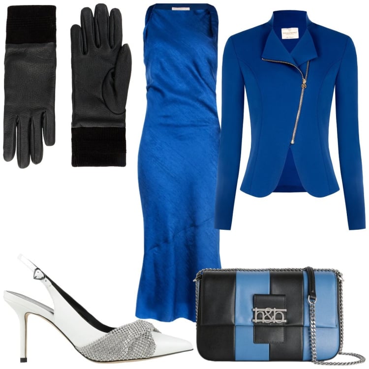 Outfit donna - Total look #2373825. Stile Glamour per Cerimonia. Abbinamento con décolleté, guanti, blazer, vestiti lunghi, borse a tracolla.