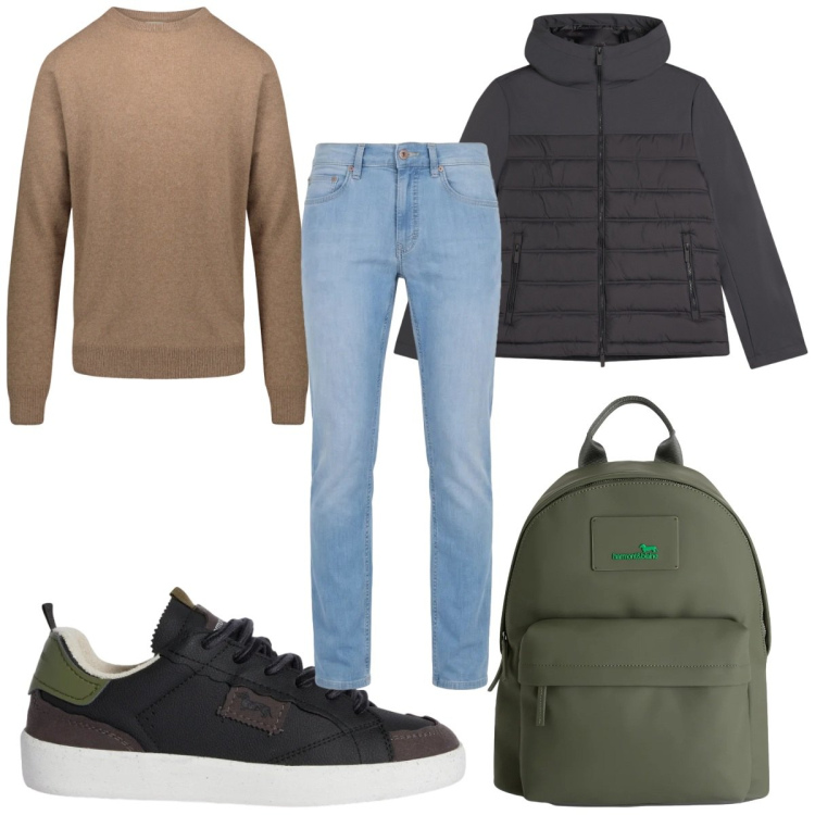 Outfit uomo - Total look #2373829. Stile Casual per Tutti i giorni. Abbinamento con borse sportive, jeans, sneakers, piumini, maglieria.