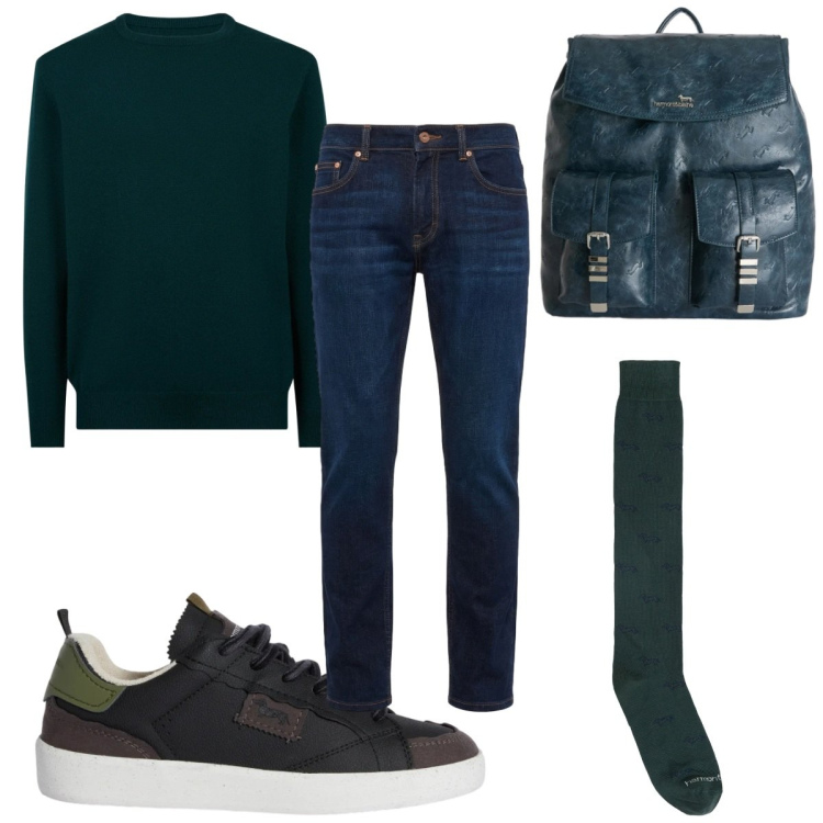 Outfit uomo - Total look #2373832. Stile Casual per Tutti i giorni. Abbinamento con borse sportive, calzini, jeans, sneakers, maglieria.